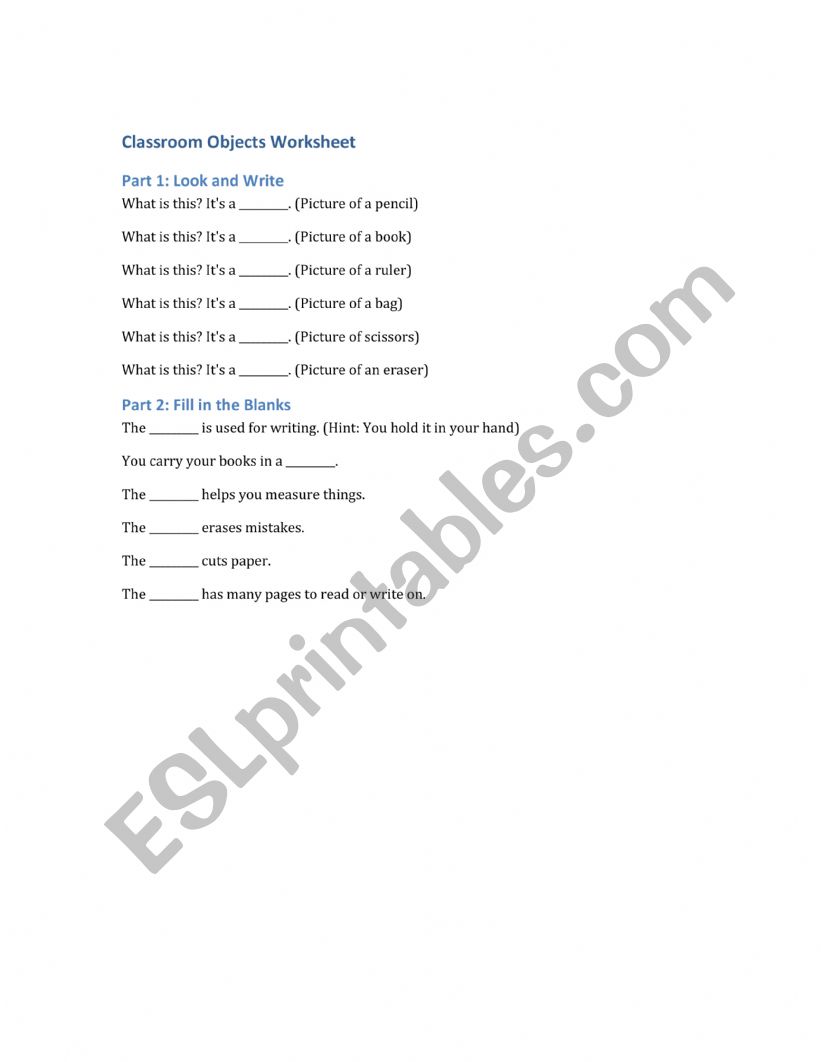 CLASROOM OBJECTS worksheet