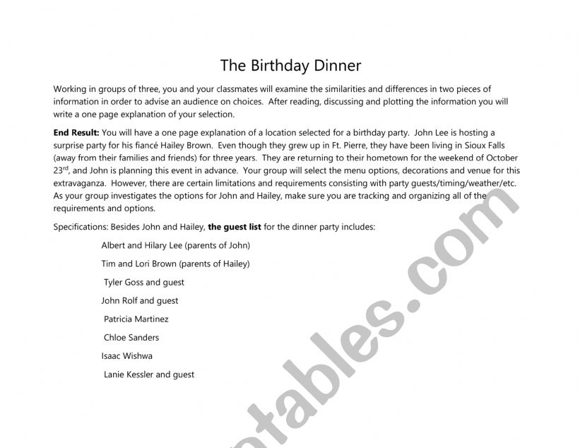 Plan a birthday dinner worksheet