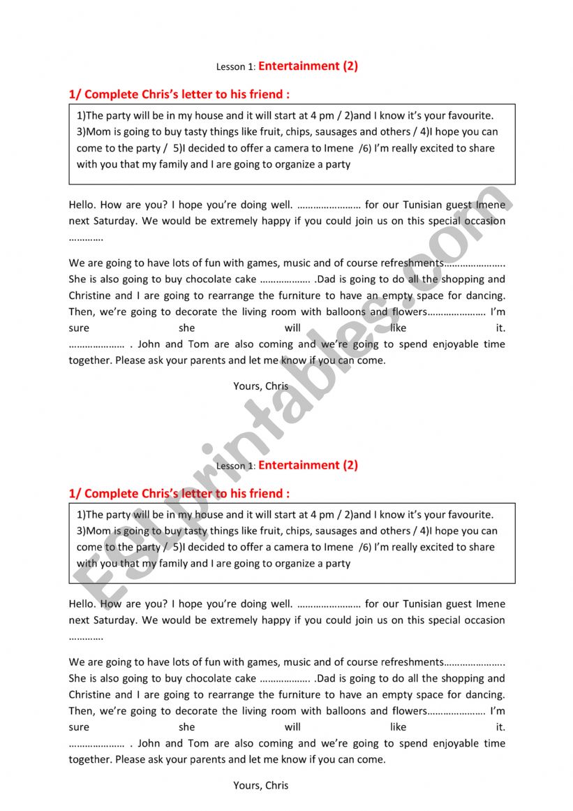 letter of invitation worksheet