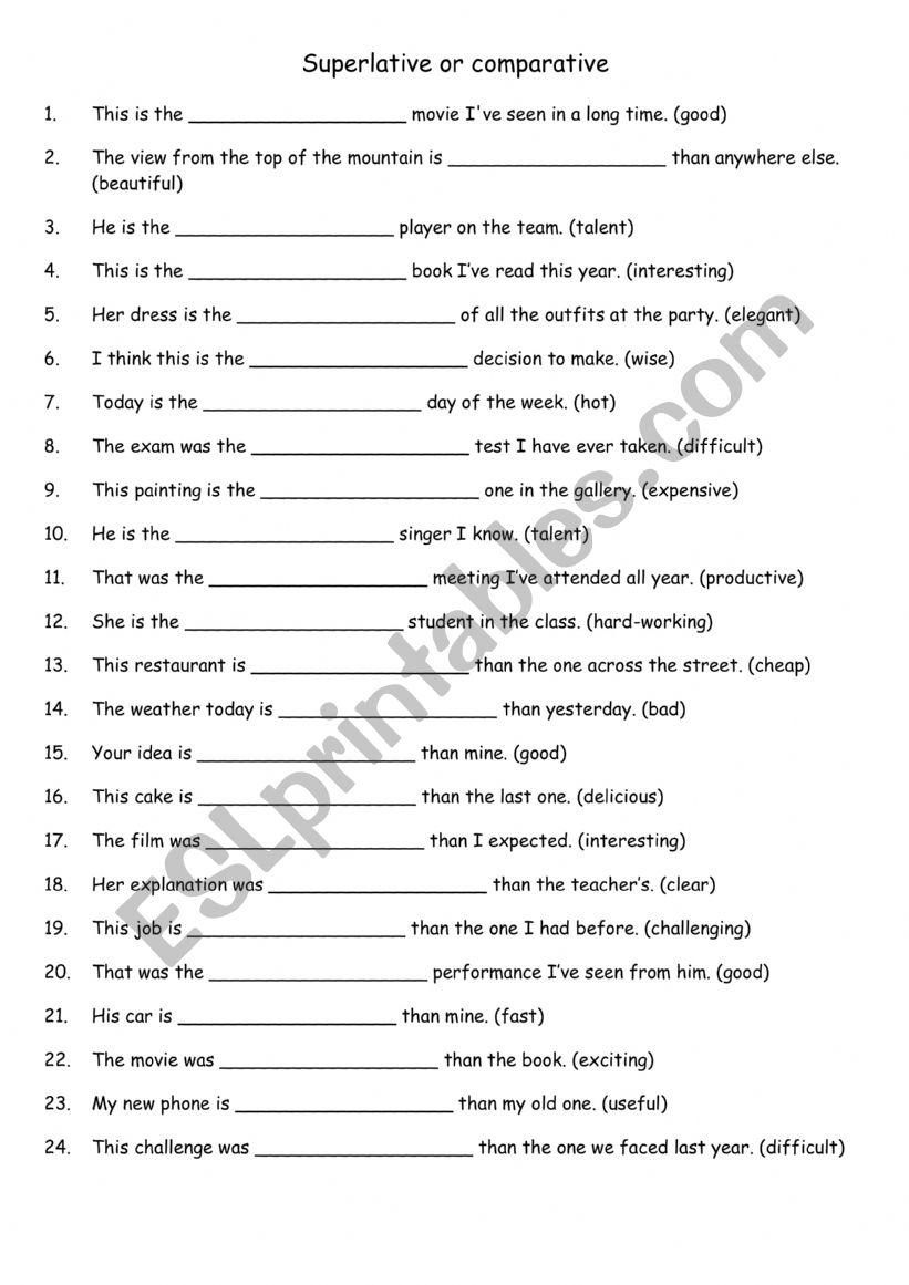 Superlative or comparative 1 worksheet