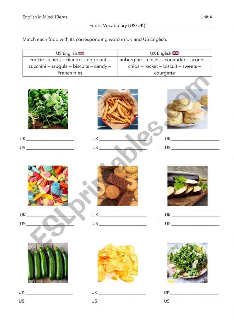 UK-US food vocabulary worksheet