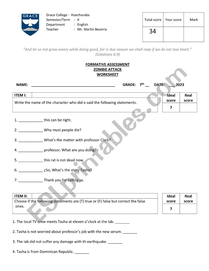 Zombie attack worksheet  worksheet