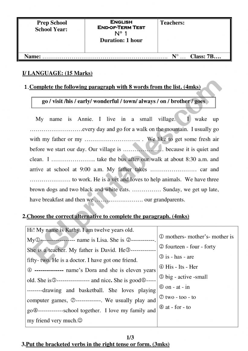 END TERM 1 7TH FORM worksheet