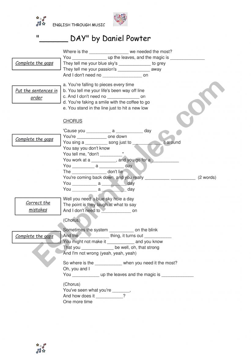 BAD DAY by Daniel Potter worksheet