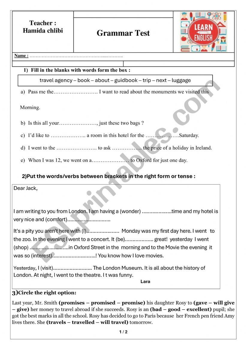 grammar test worksheet