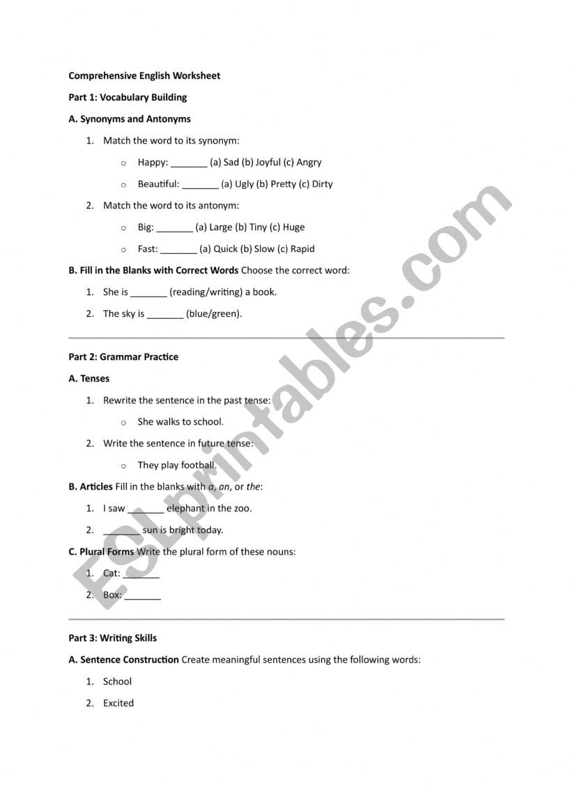 Comprehensive English Worksheet