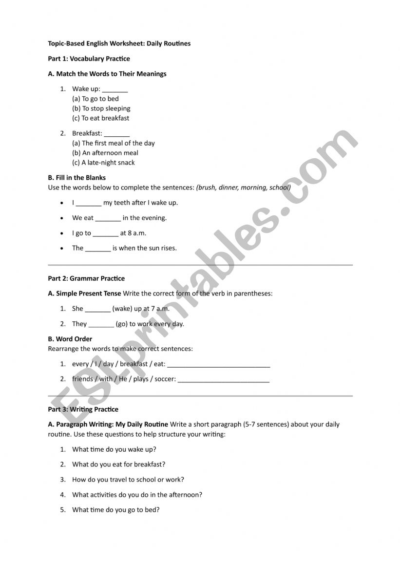 Topic-Based English Worksheet: Daily Routines