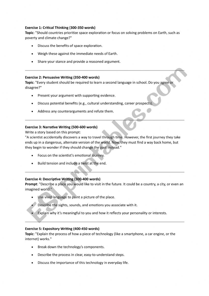 Various Types of Writing Exercises