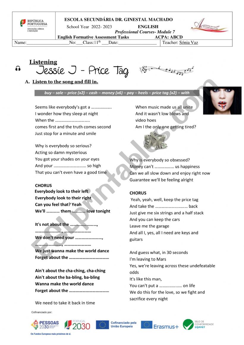 Song Price Tag worksheet