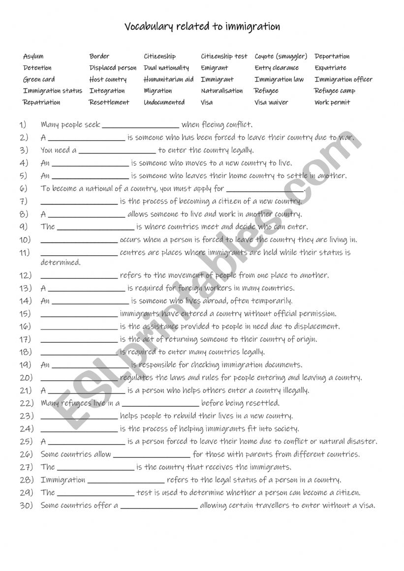 B1+-B2 Vocabulary related to immigration