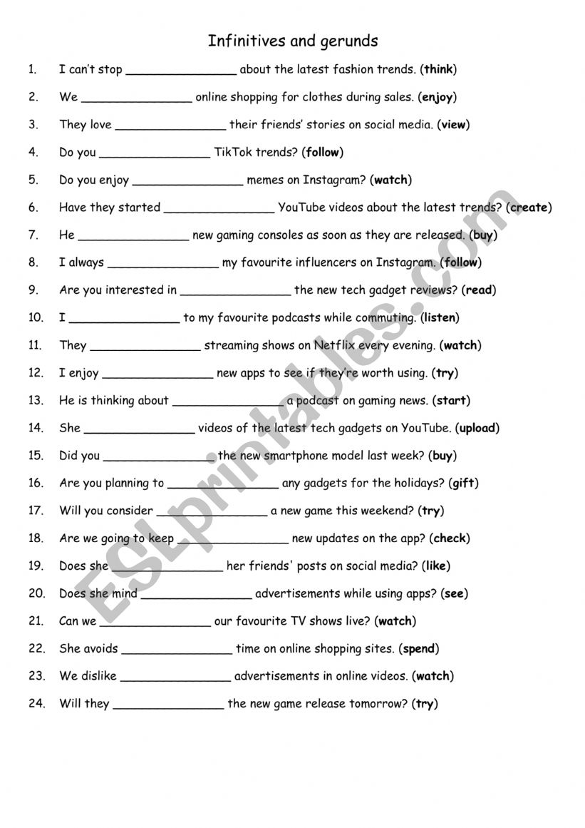 Infinitives and gerunds 1 worksheet