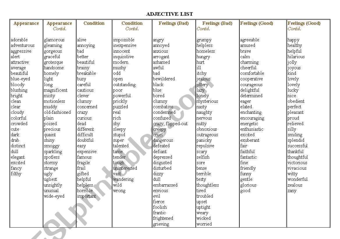 adjective list worksheet