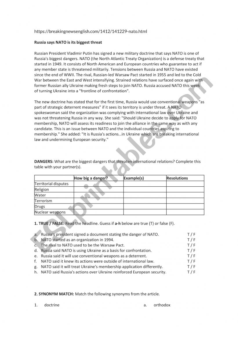 International Organisations worksheet