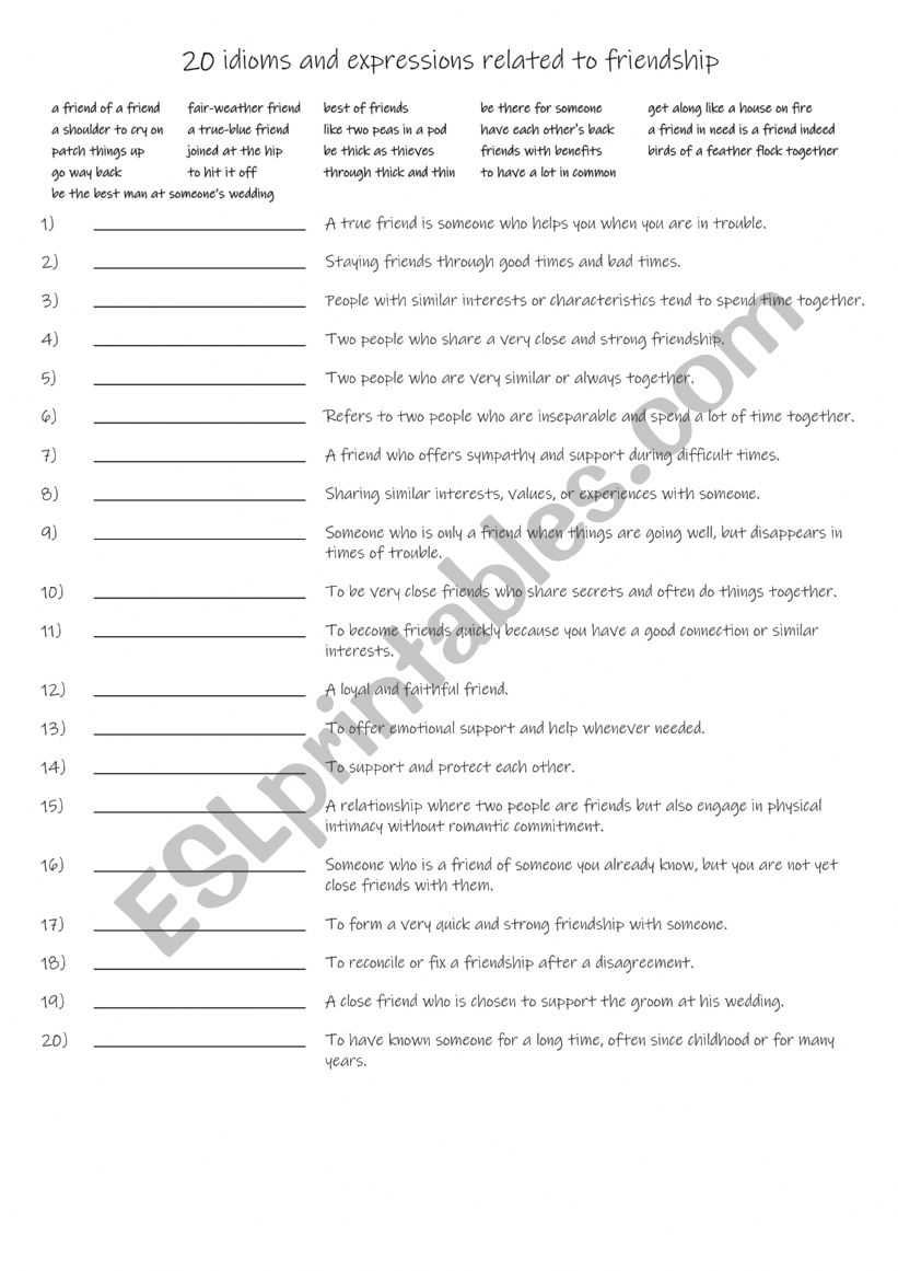 B2-C1  20 idioms and expressions related to friendship