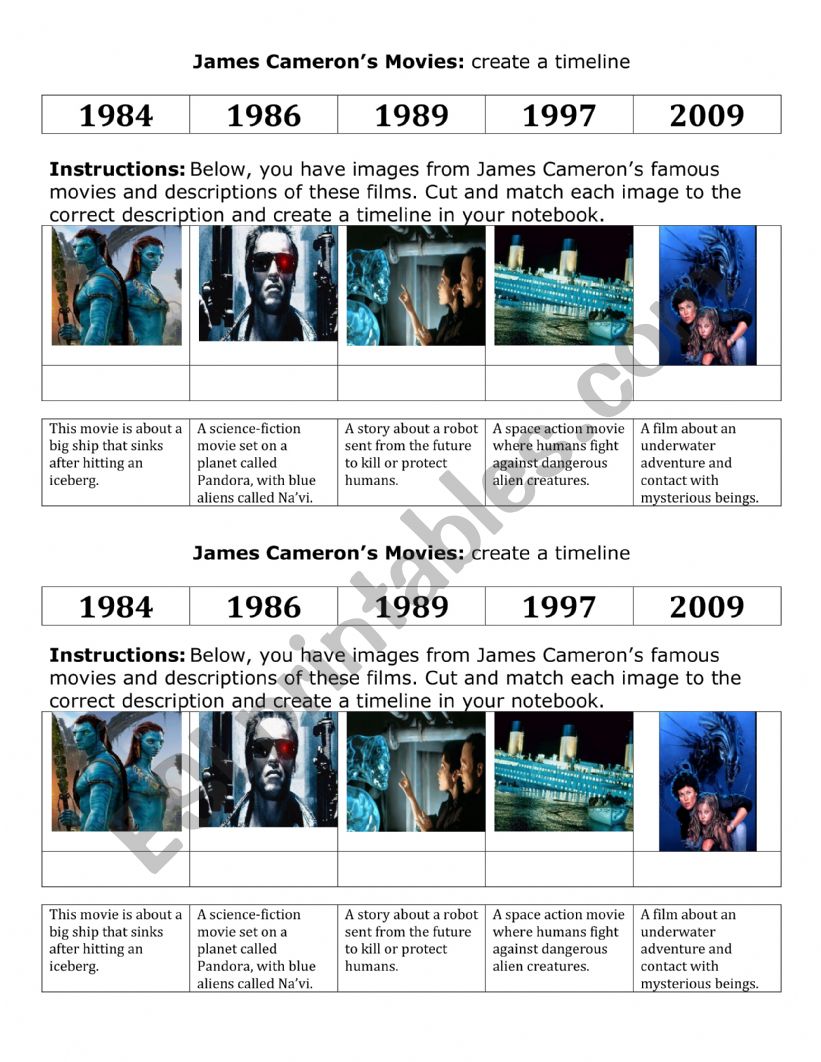 James Cameron Movies Timeline worksheet