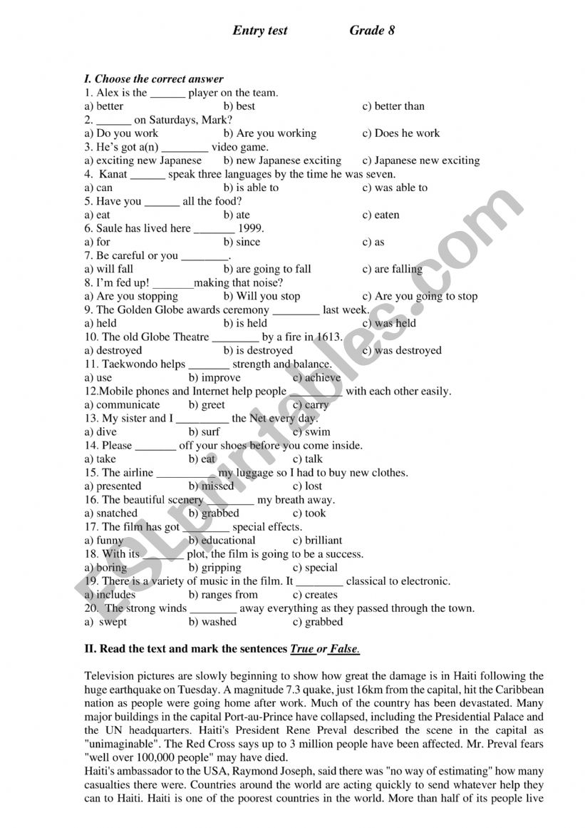 Entry test worksheet