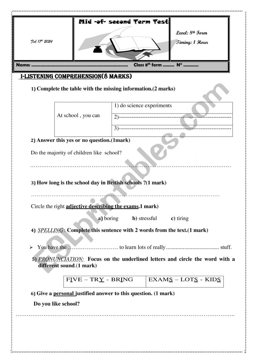 mid of second term test  worksheet