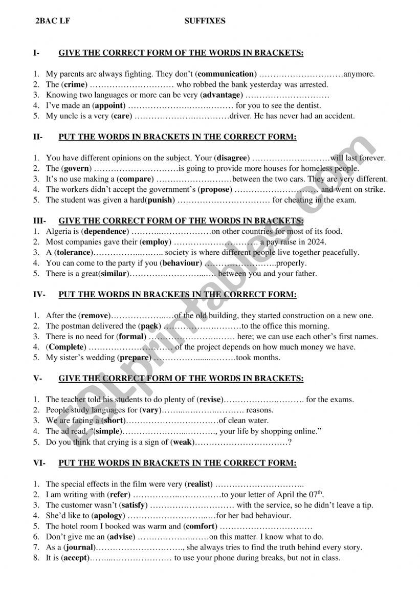 SUFFIXES worksheet