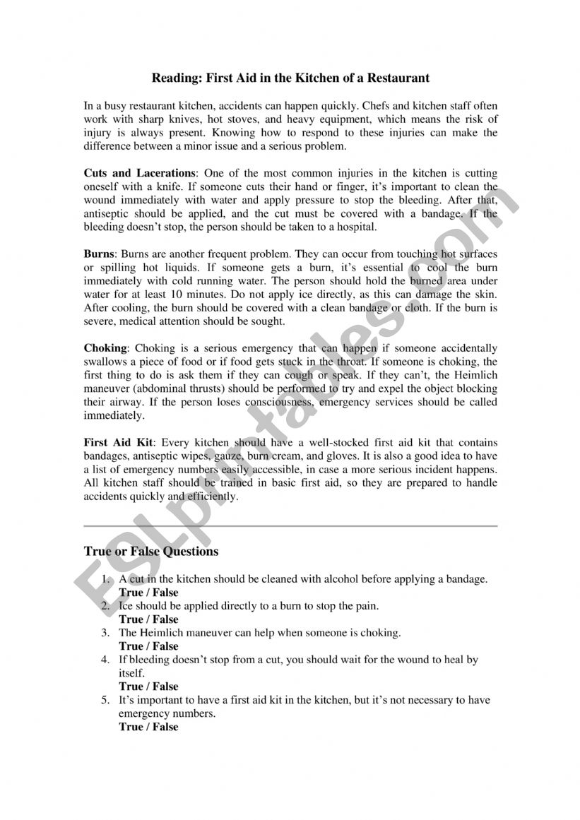 First Aid reading worksheet