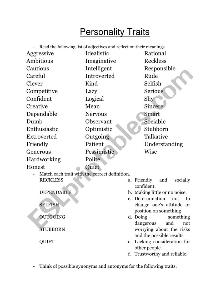 Personality Traits - Vocabulary list & exercises