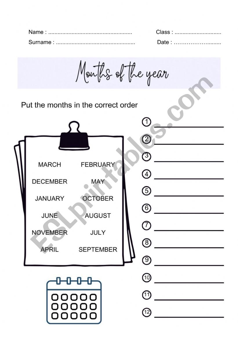 Months of the year worksheet