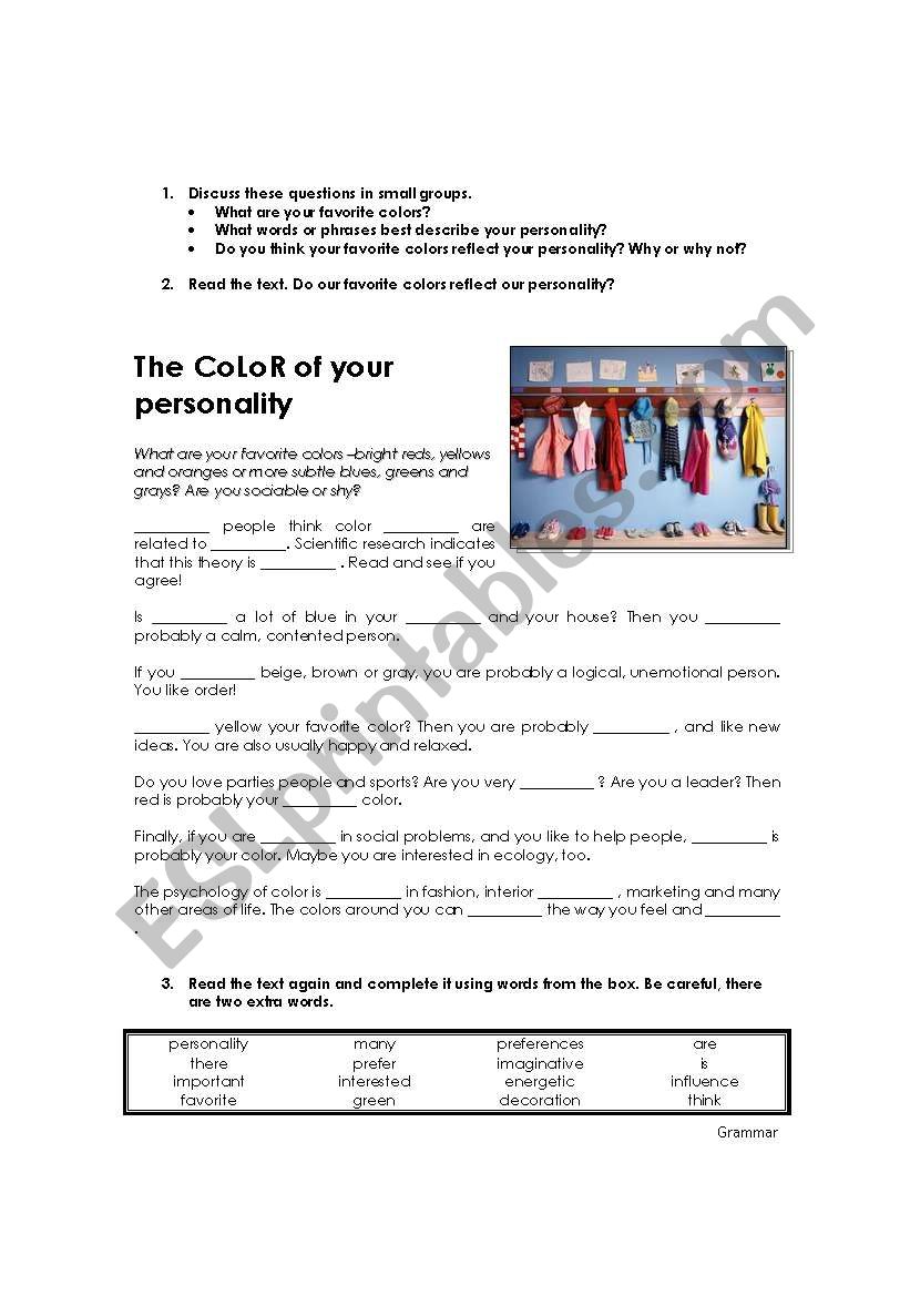 Colour of your personality worksheet