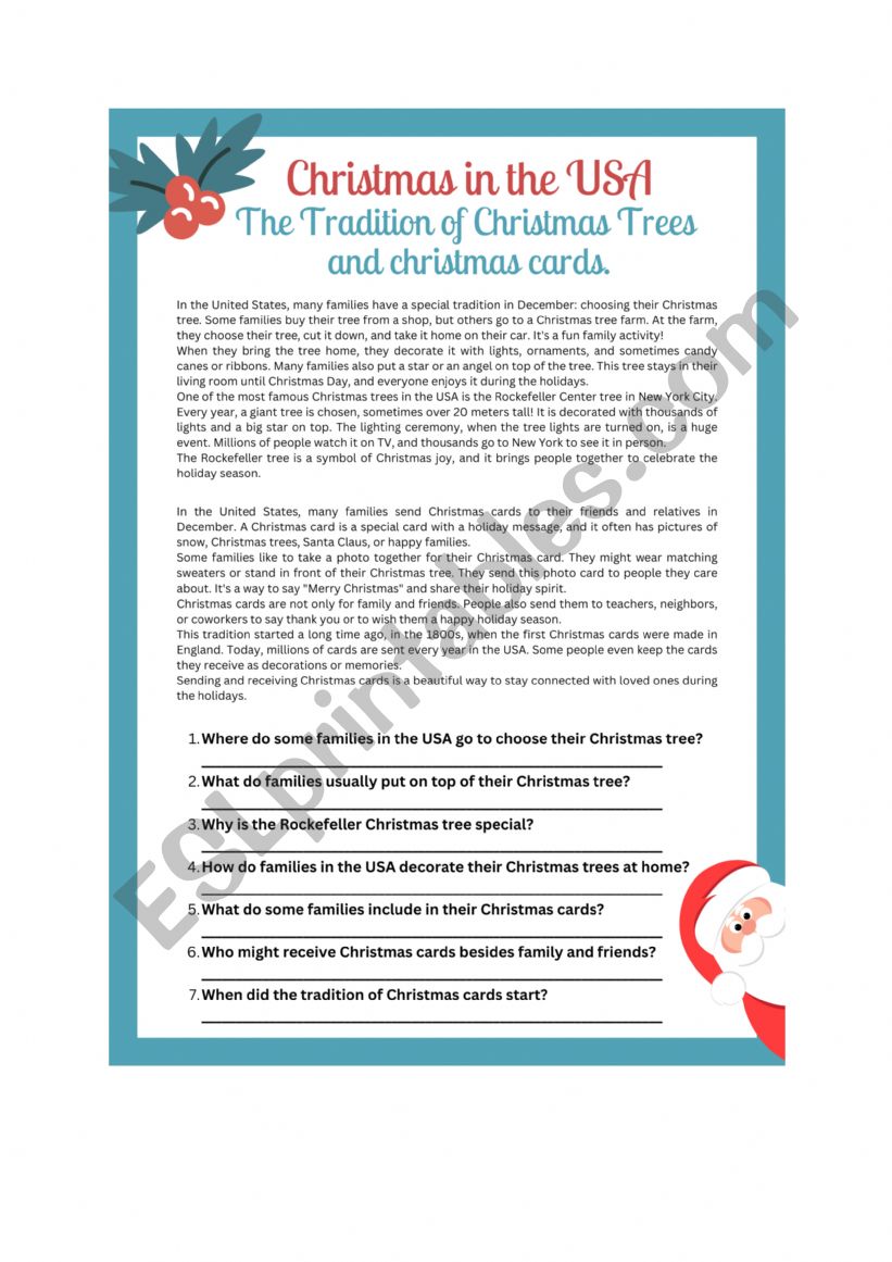 Christmas traditions USA worksheet