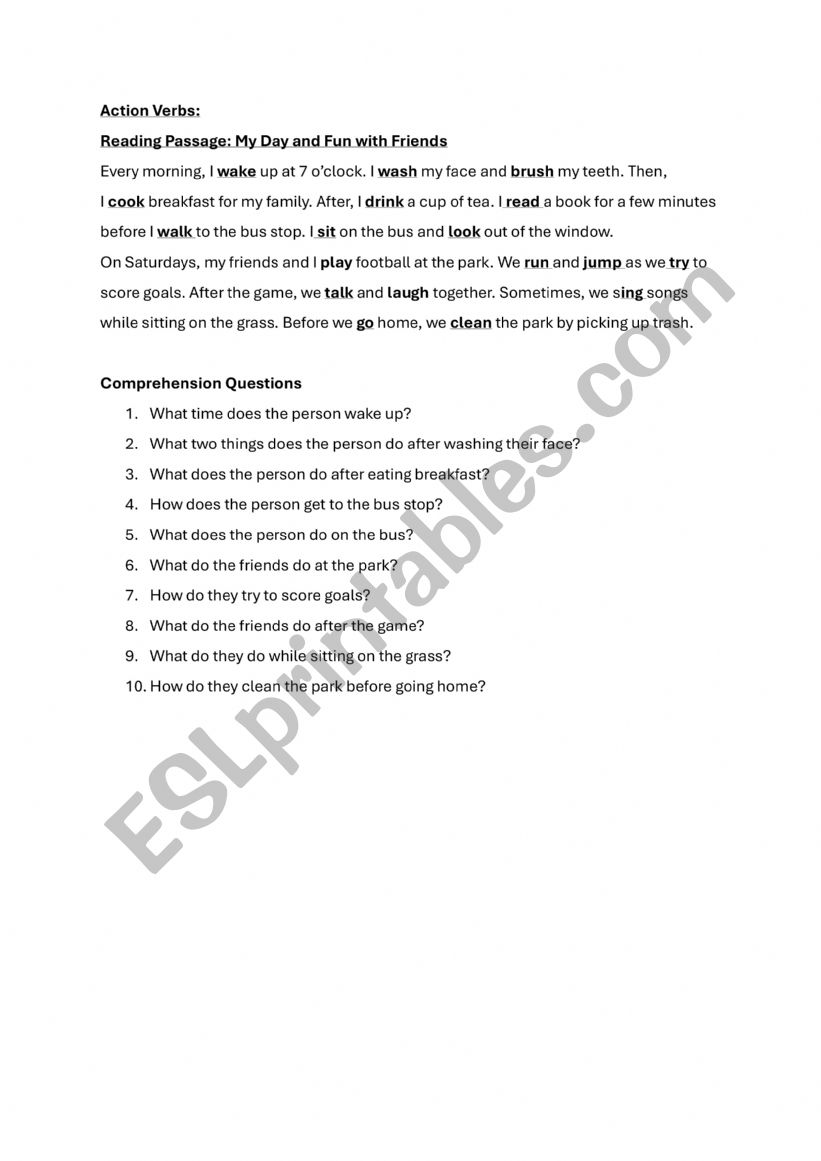 Action Verbs worksheet