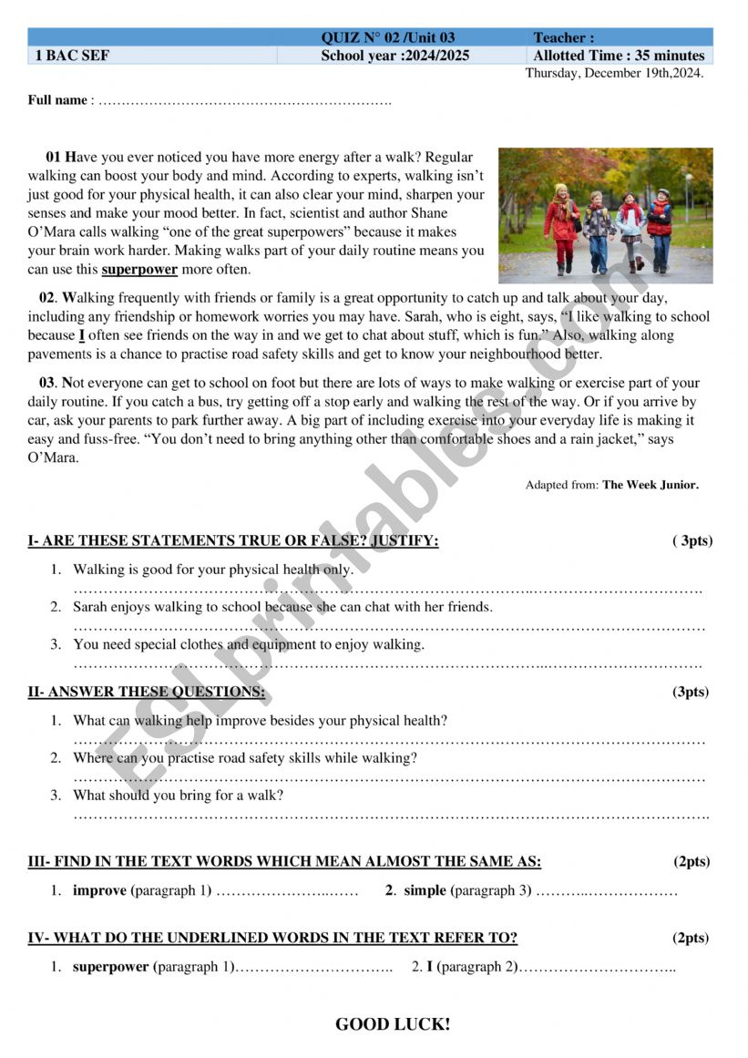 READING COMPREHENSION QUIZ worksheet