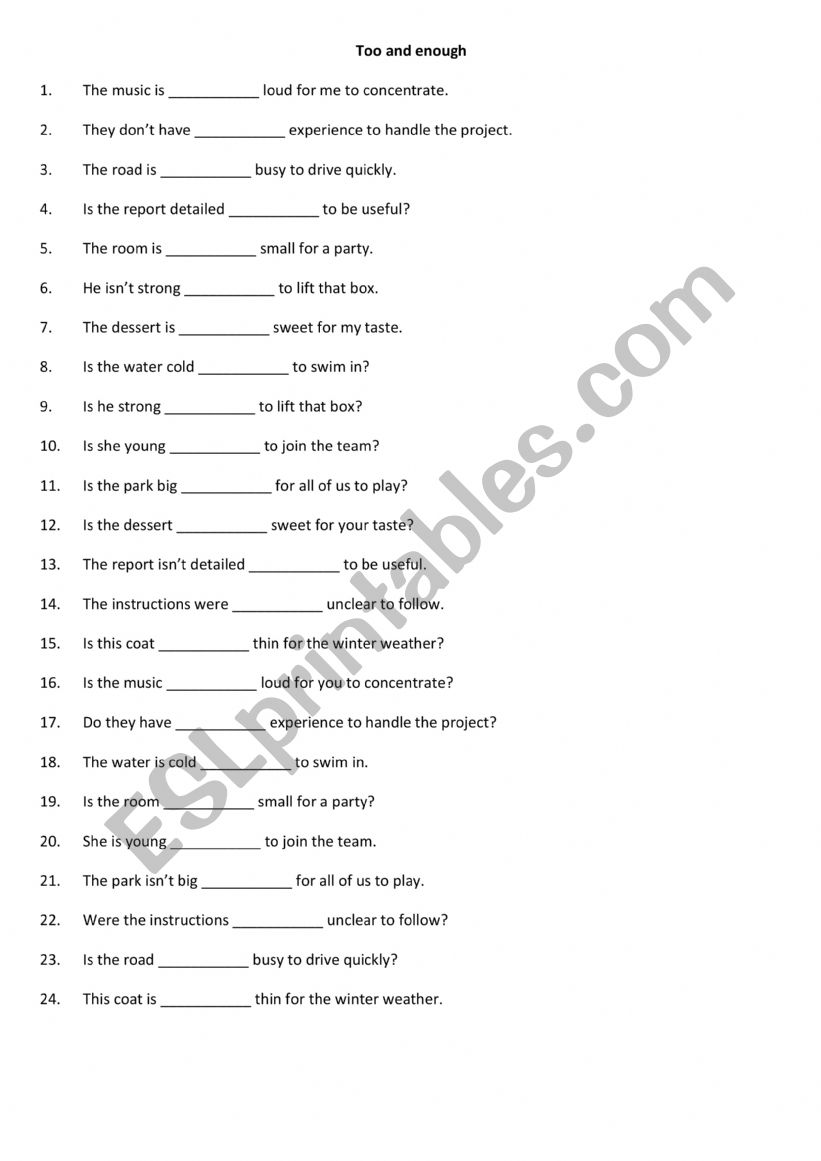 Too and enough 3 worksheet