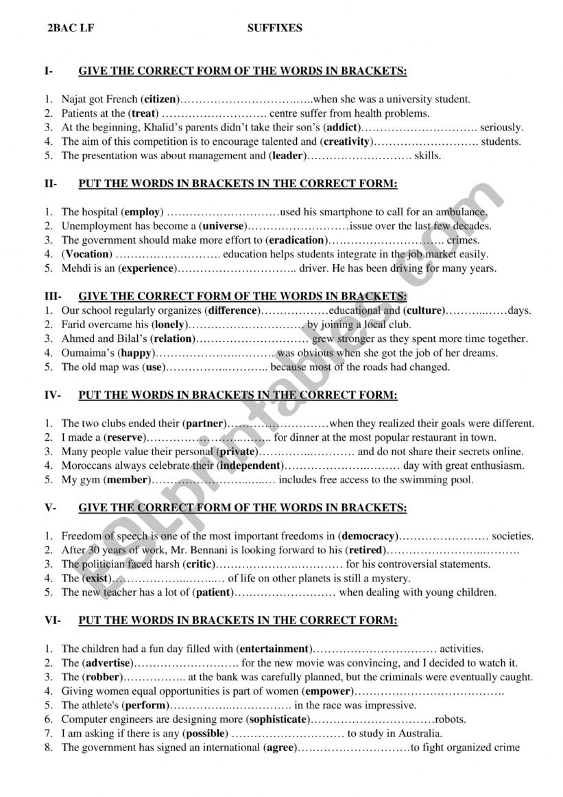 SUFFIXES worksheet