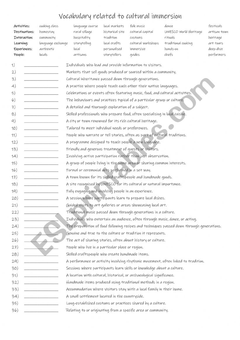 A2+-B1 Vocabulary for cultural immersion