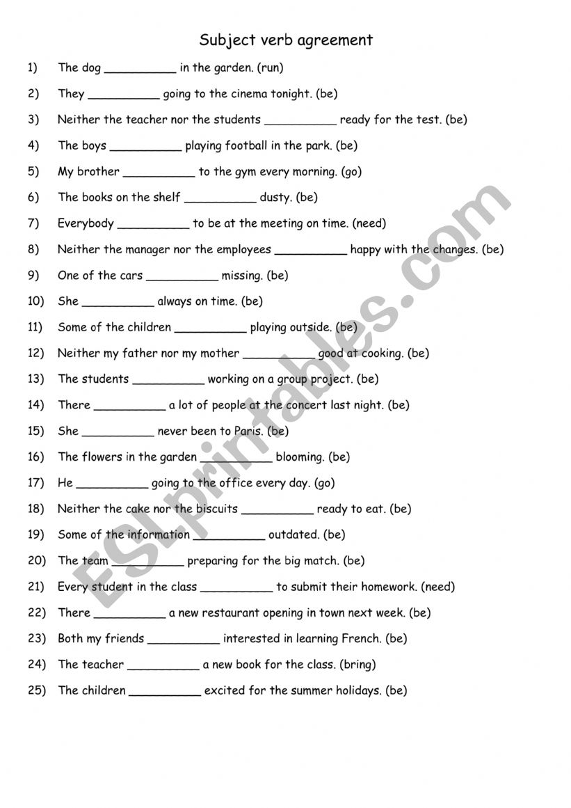 Subject verb agreement practise