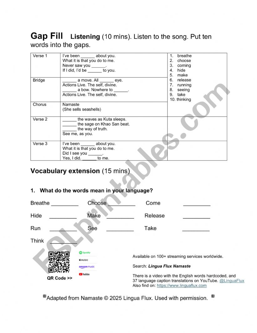 Namaste Gap Fill worksheet