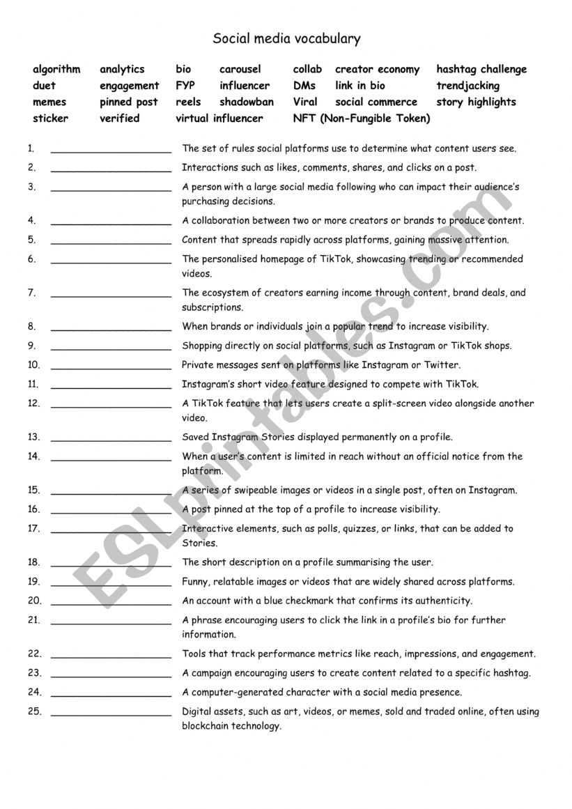 A2-B1  Social media vocab worksheet