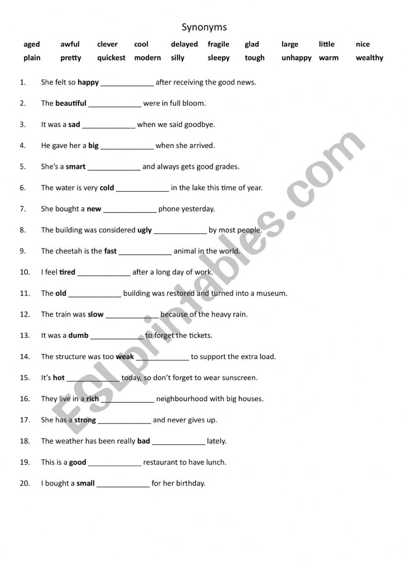 Synonyms 1 worksheet