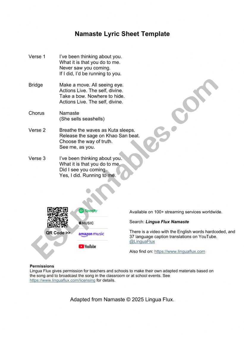 1 Song Lyric Sheet: Namaste Template