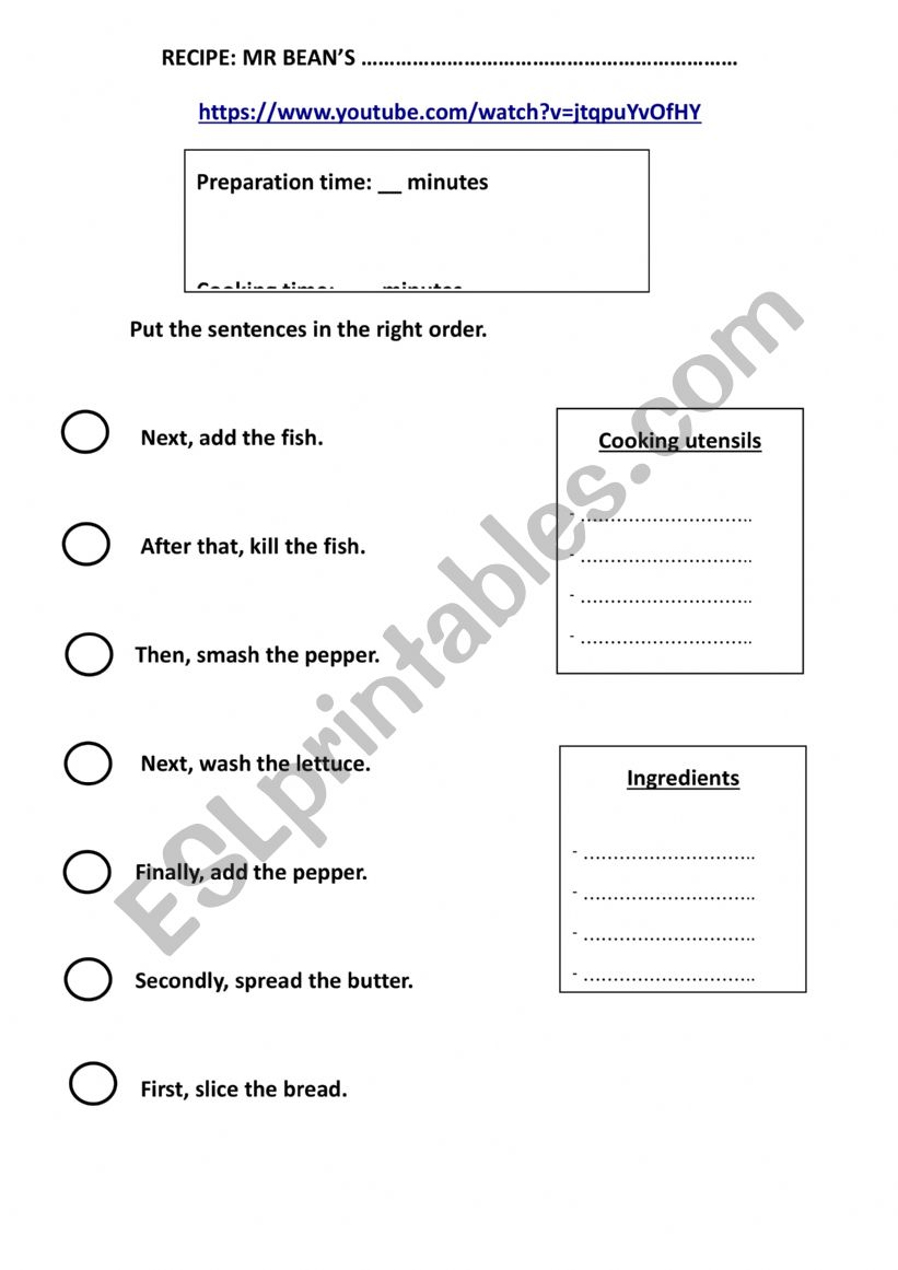 Mr Bean�s sandwich worksheet