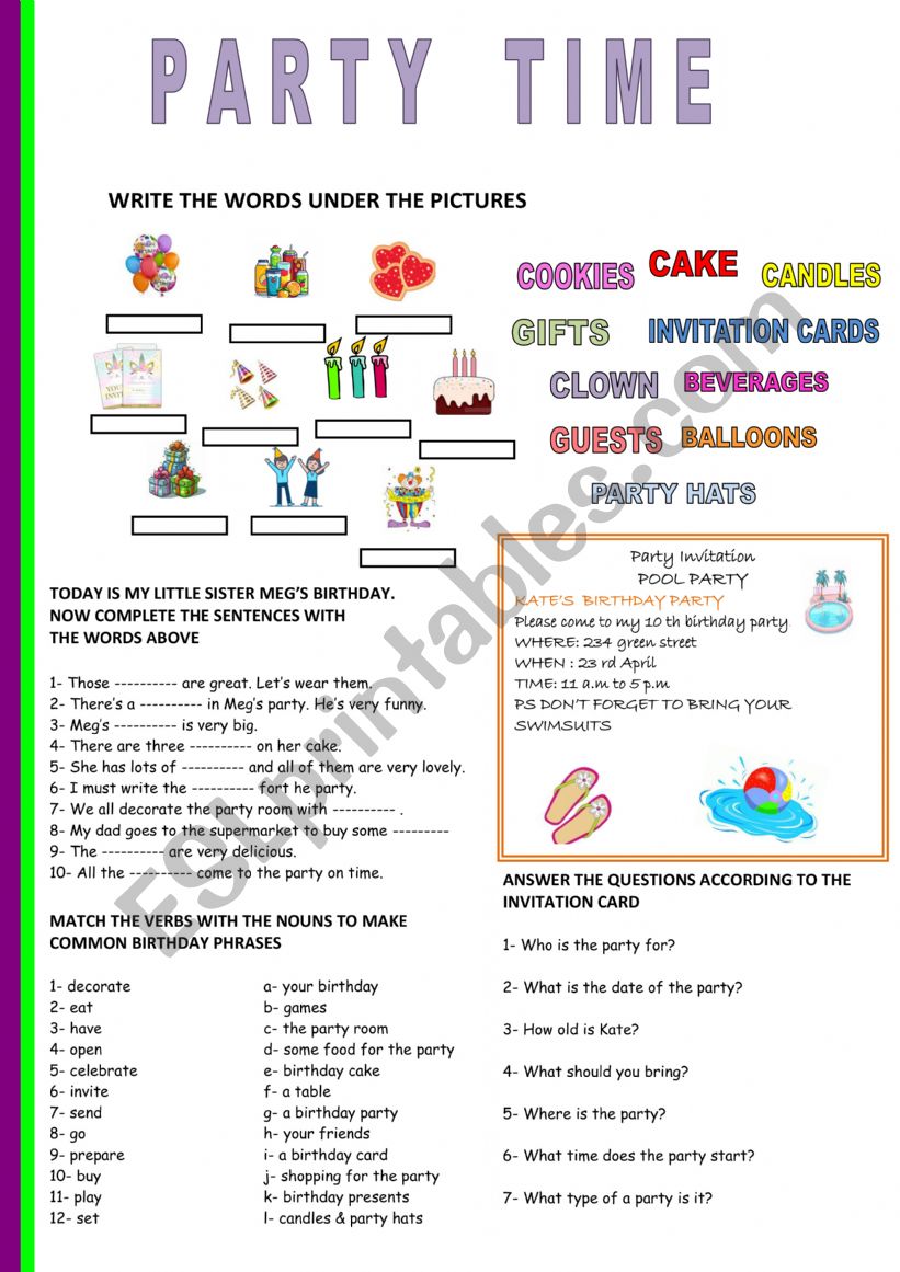 PARTY TIME worksheet