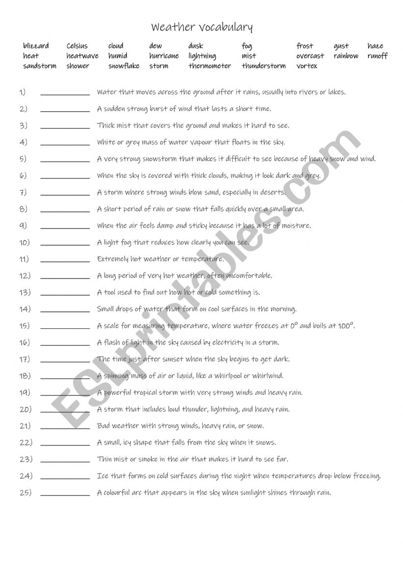 A2 Weather vocabulary worksheet