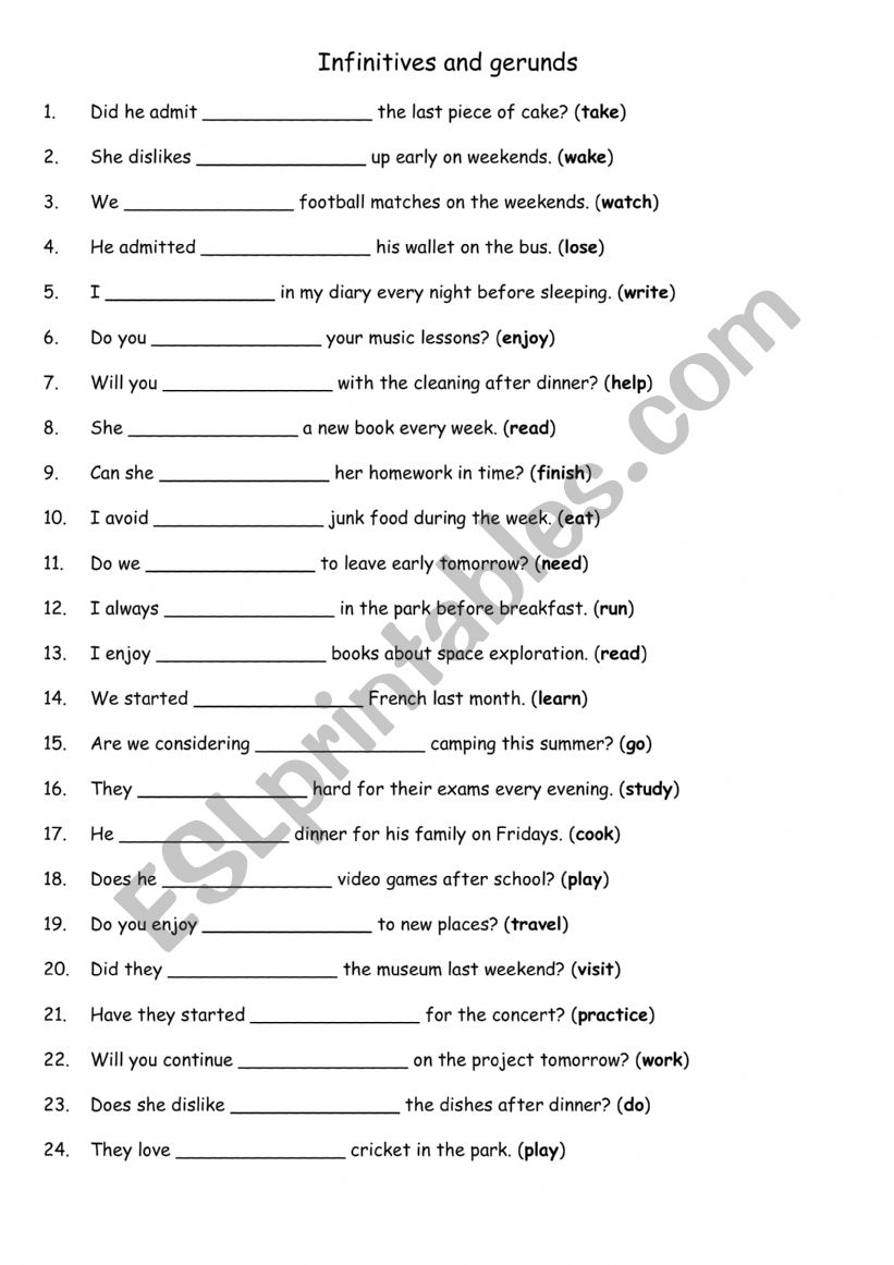 Infinitives and gerunds 3 worksheet