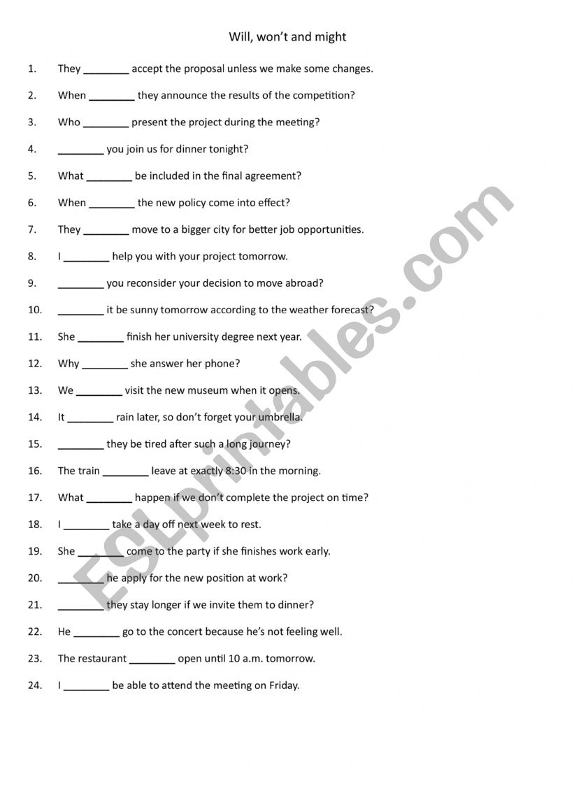 Will, won�t and might 1 worksheet