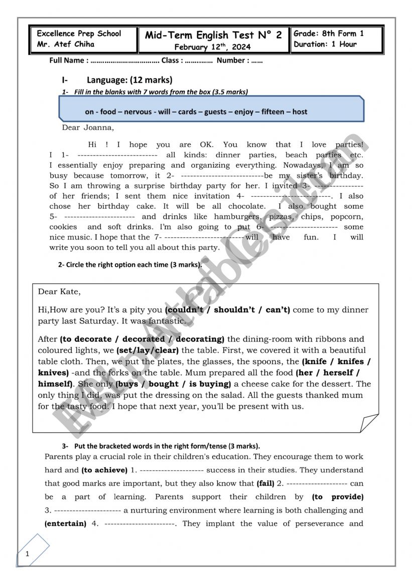 Mid term test 2 8th form worksheet