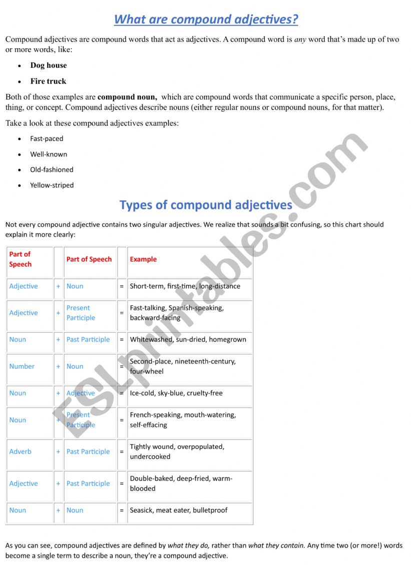 compound adjectives worksheet