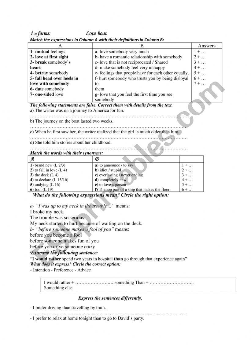 love story worksheet