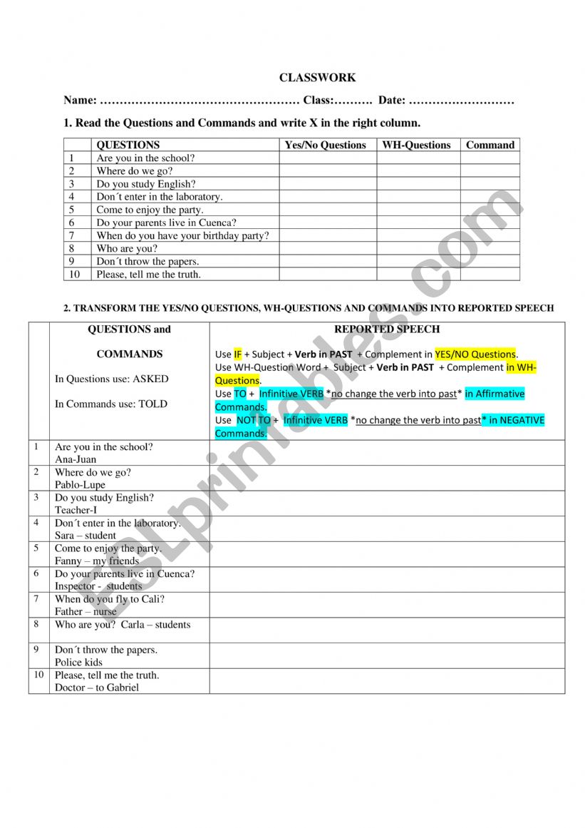 Reported Speech worksheet