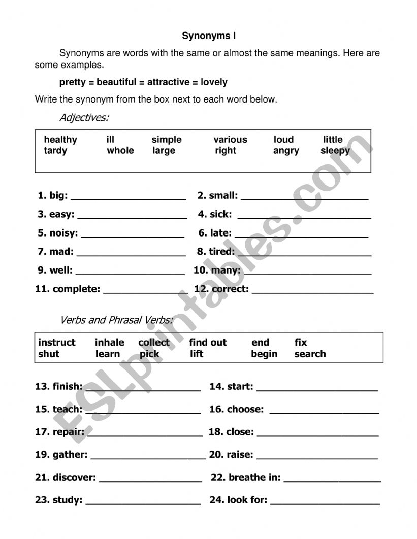 Synonyms 1 worksheet