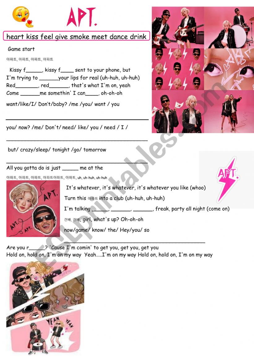 APT Rose and Bruno Mars song worksheet