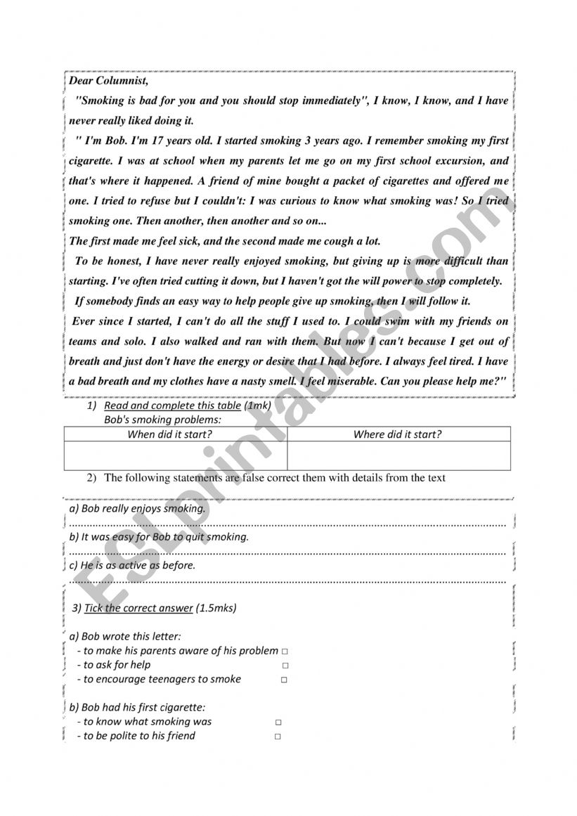 smoking health and pollution worksheet