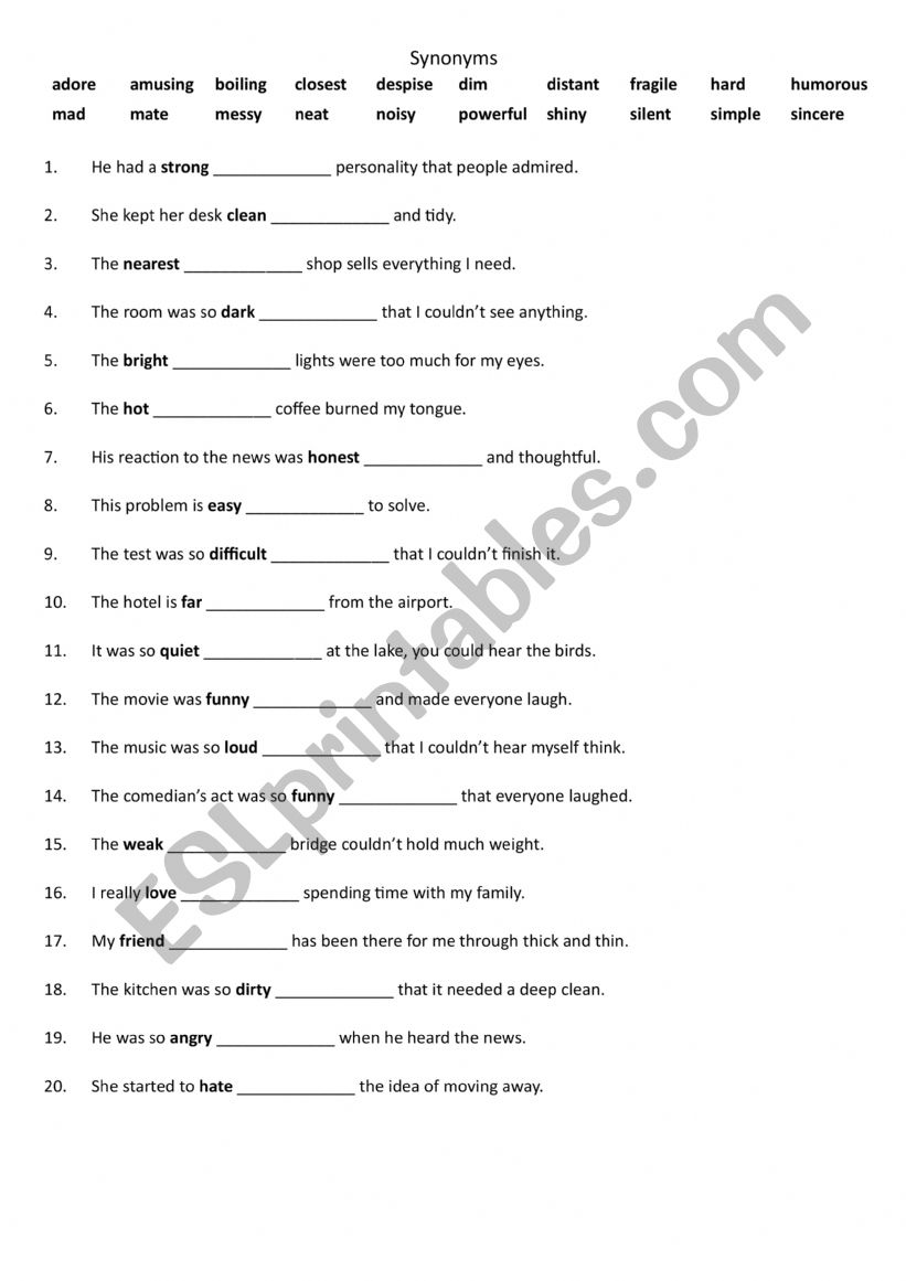 Synonyms with adjectives 2 worksheet